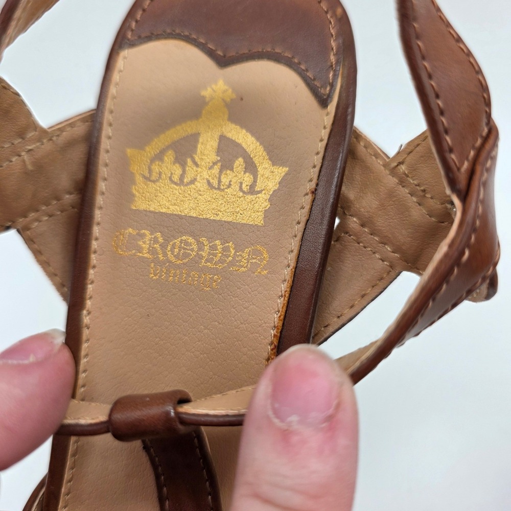 Crown Vintage Brown T-Strap Platform Peep Toe Heels Sandals Mens 7M 3919917 - Picture 3 of 7